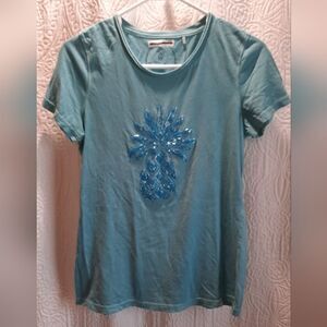 Tommy Bahama Relax T-Shirt Womans Small Blue Beaded Short Sleeve Pineapple Beach
